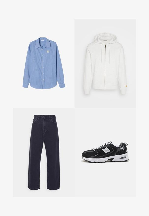 Valge tõmblukuga kapuutsiga hoodie, mis on valmistatud pehmest kangast. Omab ees taskuid ja soonikkoes varrukaotsi. Tõmbluku lähedal on kuldsed dekoratiivdetailid.; Sinise ja valge vertikaalsete triipudega pikkade varrukatega särk, millel on terav krae, ees nupud ja väike ruudukujuline logoplaat vasakul rinnanurgal.; Tumedat pesu teksad laia säärte siluetiga, kõrge vöökoht ja viie-tasku disain. Omab klassikalist nööbi ja tõmbluku sulgemist.; Must värvi ja hallid spordijalatsid, mille ülemine osa on valmistatud võrgust ja nahast, valge vaheosaga, paeltega ja küljel julge "N" logo.
