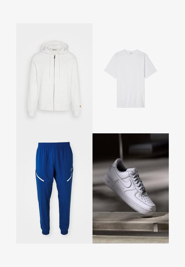 Valge tõmblukuga kapuutsiga hoodie, mis on valmistatud pehmest kangast. Omab ees taskuid ja soonikkoes varrukaotsi. Tõmbluku lähedal on kuldsed dekoratiivdetailid.; Valge puuvillane T-särk, ümmarguse kaelusega, lühikeste varrukatega ja mugava lõikega; sile tekstuur, puhas serv ja ilma mustrite või kaunistusteta.; Kuningad sinised spordipüksid elastse vöökoha ja mansettidega, valged kumerad peegeldavad triibud reitel ja väike valge logo paremal küljel.; Valge nahast Nike Air Force 1 tennisejalanõu, millel on perforatsiooniga varvas, lamedad paelad ja tekstureeritud kummist tallaga, millel on küljele märgitud "AIR".