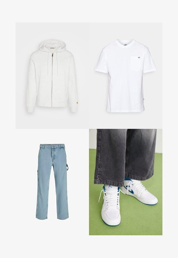 Biela mikina na zips vyrobená z mäkkého materiálu, s kapucňou, prednými vreckami a rebrovanými manžetami. Zlaté kovové detaily pri zipsi.; Biely bavlnený tričko s okrúhlym výstrihom, krátkymi rukávmi a vreckom na hrudi s malým logom značky na ľavej strane.; Svetlomodré džíny cargo s voľným strihom, s bočnými slučkami na pripevnenie a prednými vreckami, s vyblednutou textúrou.; Biele vysoké tenisky s modrými akcentmi, perforovanou špičkou a bielymi šnúrkami. Nosené s voľnými šedými džínsami na zelenej ploche.