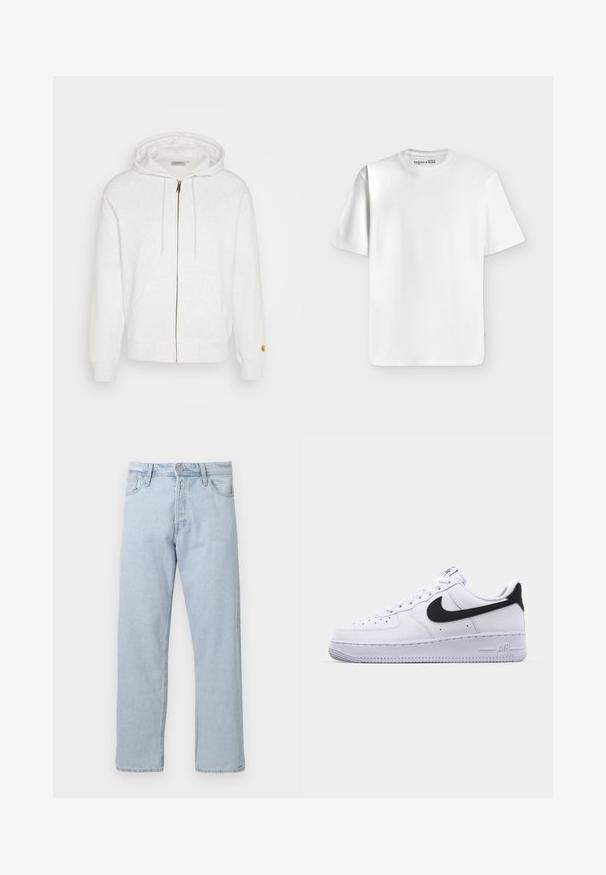 Sweat à capuche blanc zippé en tissu doux, avec une capuche, des poches avant et des poignets côtelés. Détails en métal doré près de la fermeture éclair.; T-shirt blanc uni à manches courtes et col rond, posé à plat sur un fond gris clair avec une petite étiquette de marque à l’intérieur du col.; Jean droit en denim bleu clair avec fermeture par bouton et zip à l’avant, passants de ceinture et poches avant sur fond blanc.; Sneaker en cuir blanc avec un Swoosh noir texturé, des lacets plats et une semelle en caoutchouc avec un motif strié. "AIR" est embossé sur le talon.