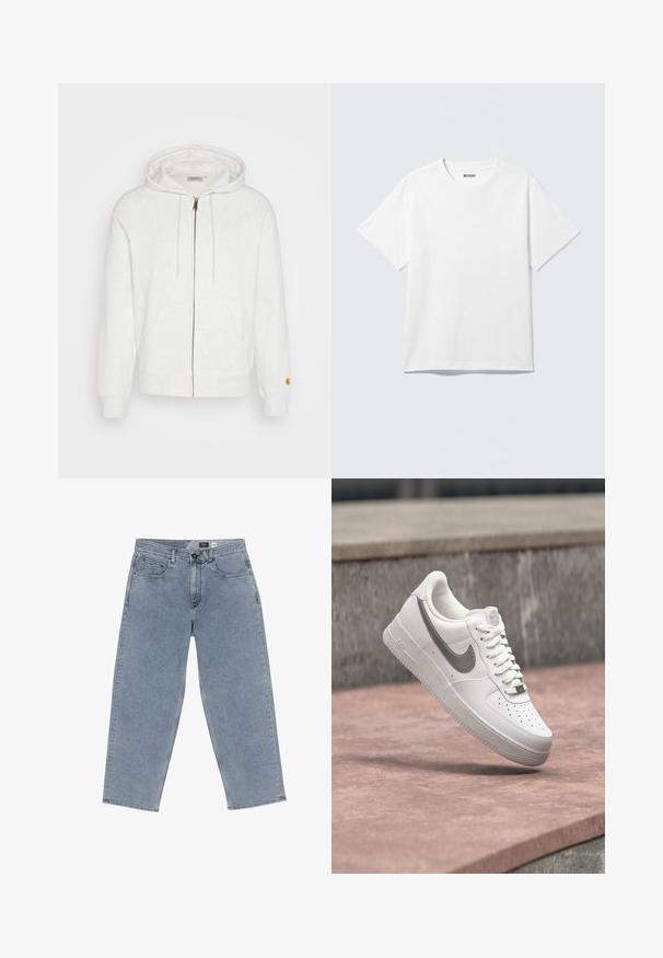 Witte rits-hoodie van zachte stof, met een capuchon, voorzakken en geribde manchetten. Gouden hardware details nabij de rits.; Witte T-shirt met korte mouwen en ronde hals, plat gelegd, effen ontwerp, met een "WEEKDAY" label in de kraag op een lichte achtergrond.; Lichtblauwe denim wijde jeans met een knoopsluiting, vijf zakken en recht afgesneden benen. Zachte textuur, minimale vervaging en nette stiksels.; Witte Nike Air Force 1 sneaker met grijs swoosh-logo zwevend boven een stenen oppervlak en een grijze stenen muur op de achtergrond.