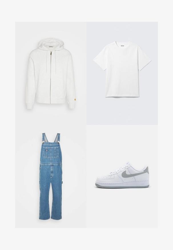 Weiße Zip-Hoodie aus weichem Stoff mit Kapuze, Vorderstaschen und gerippten Bündchen. Goldene Hardware-Details am Reißverschluss.; Weißes T-Shirt mit kurzen Ärmeln und Rundhalsausschnitt, flach liegend, schlichtes Design, mit „WEEKDAY“-Etikett innen im Kragen auf hellem Hintergrund.; Jeanslatzhosen in Hellblau mit verstellbaren Trägern, einer Vorderasche und Seitentaschen. Lockere Passform mit geraden Beinen, aus Baumwollstoff gefertigt.; Weiße Leder-Sneaker mit einem grauen Swoosh-Logo, perforierter Zehenpartie und gummierter, strukturierter Außensohle. Kurze Knöchelhöhe.
