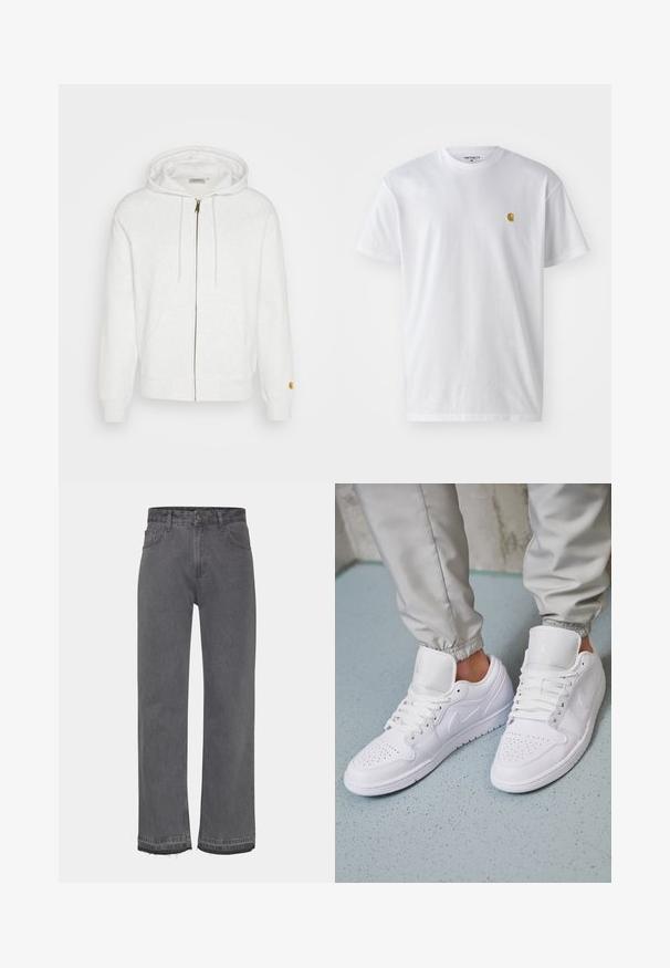 Hvid hættetrøje med lynlås, lavet af blødt stof, med hætte, frontlommer og ribbede manchetter. Gyldne detaljer nær lynlåsen.; Hvid bomulds t-shirt med korte ærmer, rund hals og et lille guld logo på venstre brystområde. Blød tekstur og almindelig pasform.; Grå bred ben jeans lavet af denim, med en falmet vask, en knaplukning og frynsede kanter. To sidelommer er synlige.; Hvide lædersneakers har en perforeret tåboks, flade snørebånd, polstret krave og Jordan-logoet på tungen. Båret med grå joggers.