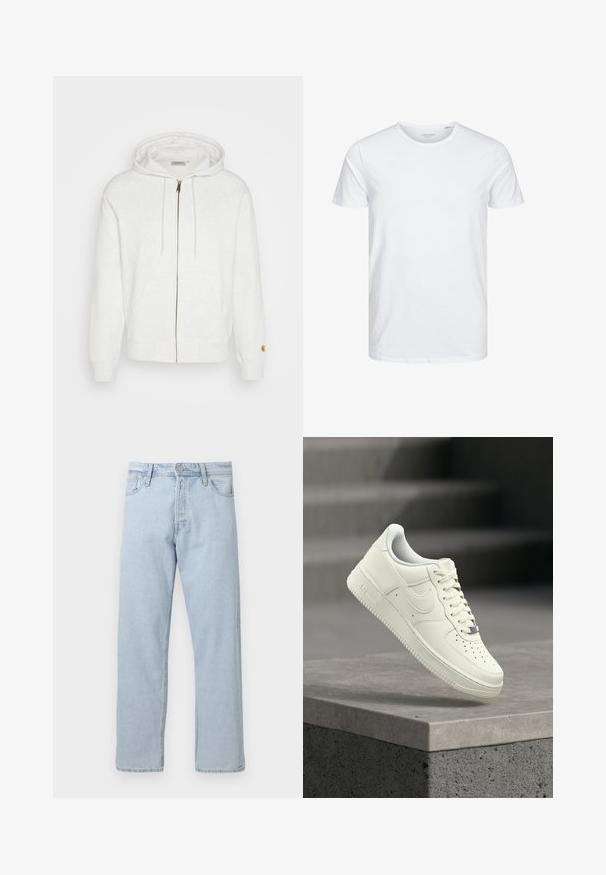 Sweat à capuche blanc zippé en tissu doux, avec une capuche, des poches avant et des poignets côtelés. Détails en métal doré près de la fermeture éclair.; T-shirt à col rond à manches courtes de couleur blanche unie, fabriqué en coton doux, avec un design simple sans motifs ni accents visibles.; Jean droit en denim bleu clair avec fermeture par bouton et zip à l’avant, passants de ceinture et poches avant sur fond blanc.; Baskets en cuir blanc au design profilé, surface texturée, perforations sur le bout et accents argentés sur les lacets et le logo.