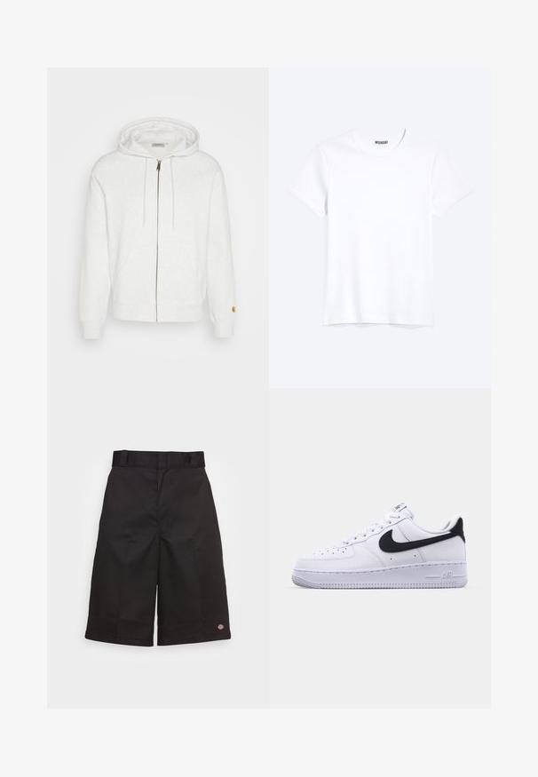 Witte rits-hoodie van zachte stof, met een capuchon, voorzakken en geribde manchetten. Gouden hardware details nabij de rits.; Effen witte T-shirt met korte mouwen en ronde hals met een zichtbaar WEEKDAY-merklabel bij de nek, weergegeven op een lichte achtergrond.; Zwarte katoenen shorts met een rechte snit, knielengte, voorzien van een zichtbaar merklogo op de zoom en een gladde textuur.; Witte leren sneaker met een gestructureerde zwarte Swoosh, platte veters en een rubberen zool met een geribbeld patroon. "AIR" is in de hak geperst.