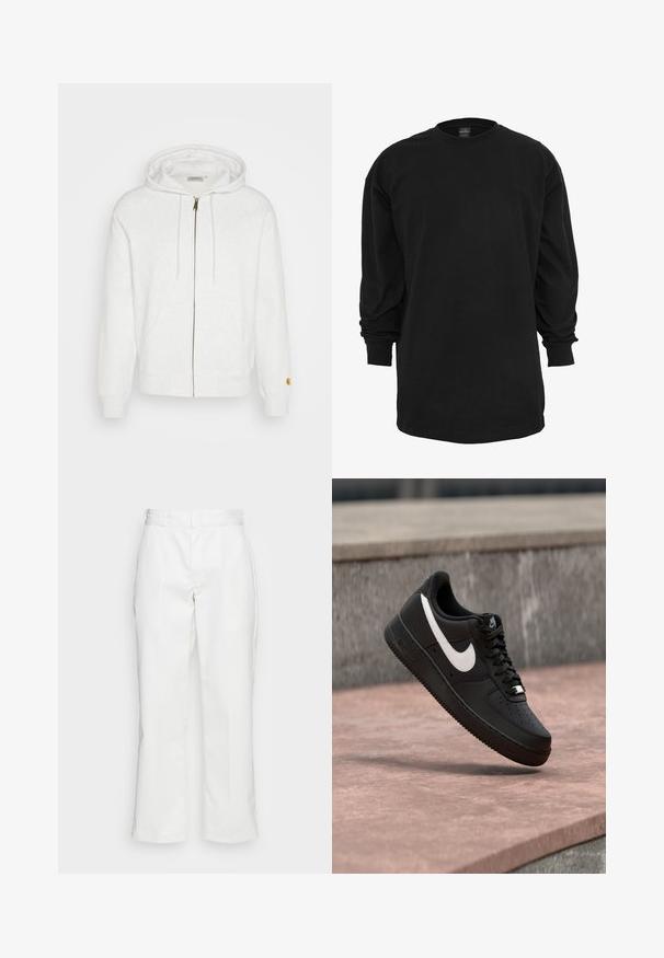 Sweat à capuche blanc zippé en tissu doux, avec une capuche, des poches avant et des poignets côtelés. Détails en métal doré près de la fermeture éclair.; T-shirt noir à manches longues en coton. Doté d'un col rond et d'une coupe régulière. Textile lisse sans motifs ni accents visibles.; Pantalons en coton blanc avec une coupe droite, passants de ceinture et poches latérales, possédant une texture lisse et un design minimaliste.; Basket Nike Air Force 1 noire avec logo swoosh blanc flottant au-dessus d'une surface en pierre et d'un mur texturé gris en arrière-plan.