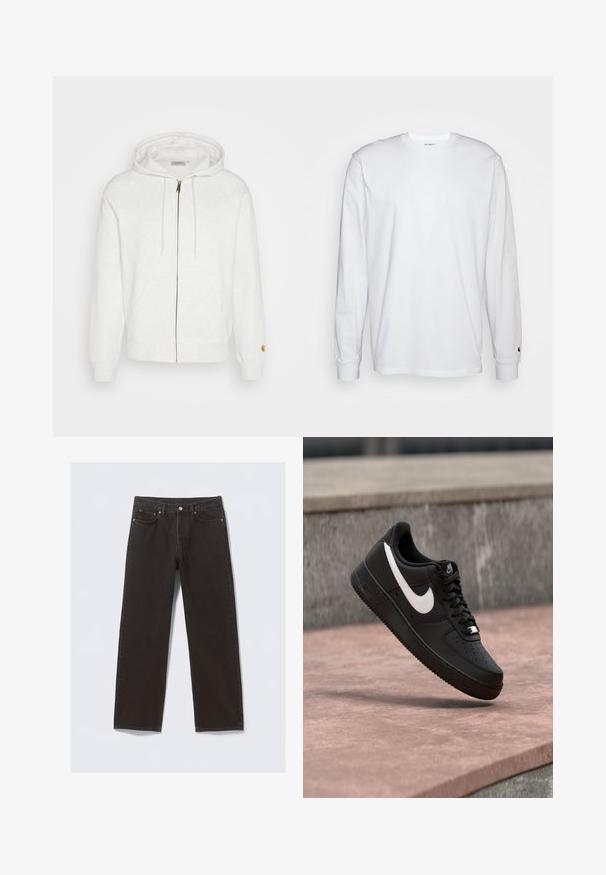 Hvid hættetrøje med lynlås, lavet af blødt stof, med hætte, frontlommer og ribbede manchetter. Gyldne detaljer nær lynlåsen.; Hvid langærmet T-shirt lavet af bomuld. Rund halsudskæring med ribbede manchetter og et lille logo på venstre ærme. Glat tekstur.; Svarte denimjeans med straight-leg design, fem lommer og kobberfarvet syning. Glat tekstur, klassisk knaplukning i taljen.; Sort Nike Air Force 1-sneaker med hvid swoosh-logo, svævende over en stenovertflade med en grå tekstureret væg i baggrunden.