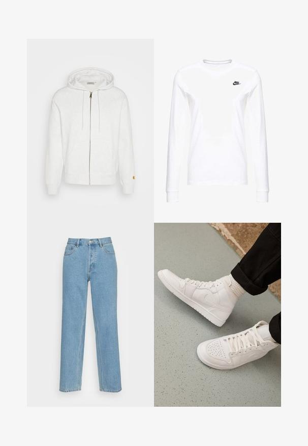 Sudadera blanca con cremallera hecha de tela suave, con capucha, bolsillos frontales y puños de canalé. Detalles de hardware dorado cerca de la cremallera.; Camiseta blanca de manga larga hecha de algodón, con un pequeño logo negro de Nike en el lado izquierdo del pecho y un escote redondeado. Textura suave.; Vaqueros de mezclilla rectos de color azul claro, que cuentan con un diseño clásico de cinco bolsillos, cierre frontal con botón y detalles de costura visibles.; Zapatillas altas blancas hechas de cuero suave con puntera perforada, cierre de cordones y sutil detalle del logo en el lateral. Suela de goma texturizada.