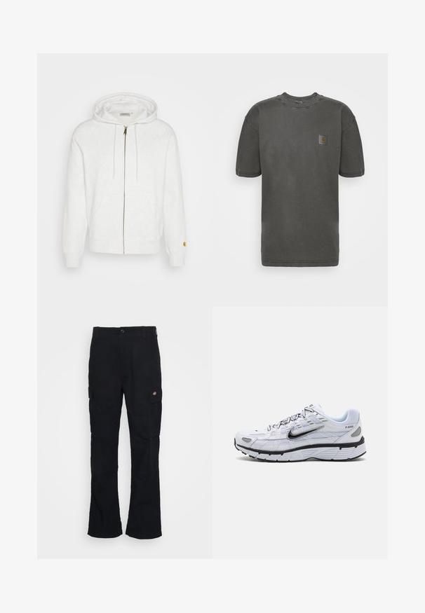 Hvid hættetrøje med lynlås, lavet af blødt stof, med hætte, frontlommer og ribbede manchetter. Gyldne detaljer nær lynlåsen.; Carhartt WIP NELSON - T-shirts basic - black garment dyed; Sorte cargo bukser med lige ben-design, fremstillet af slidstærkt stof, med sidelommer og et patch-logo på venstre side.; Hvide løbesko med mesh-overdel, rund tå, sorte accenter og mønstret sål. Har snøring og branding på siden.