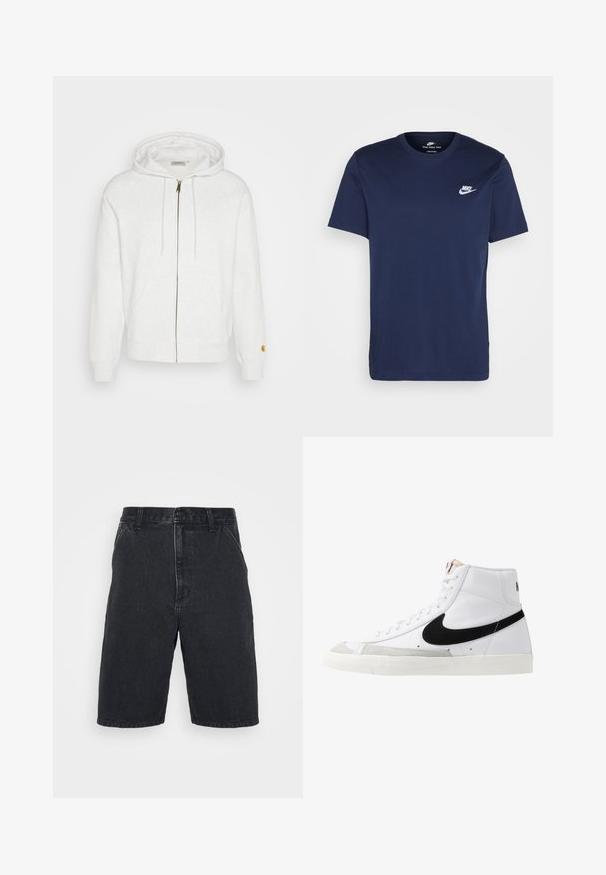 Witte rits-hoodie van zachte stof, met een capuchon, voorzakken en geribde manchetten. Gouden hardware details nabij de rits.; Marineblauwe katoenen T-shirt met een ronde hals en korte mouwen. Beschikt over een wit Nike-logo op de linkerkant van de borst en een rechte zoom.; Zwarte denim shorts met een rechte snit, mid-rise tailleband, knoopsluiting aan de voorkant en zichtbare stikseldetails.; Witte hoge sneakers met een zwarte swoosh, textuur grijze neus en een vlakke witte zool. Kenmerkt zes veteropeningen en gestikte accenten.