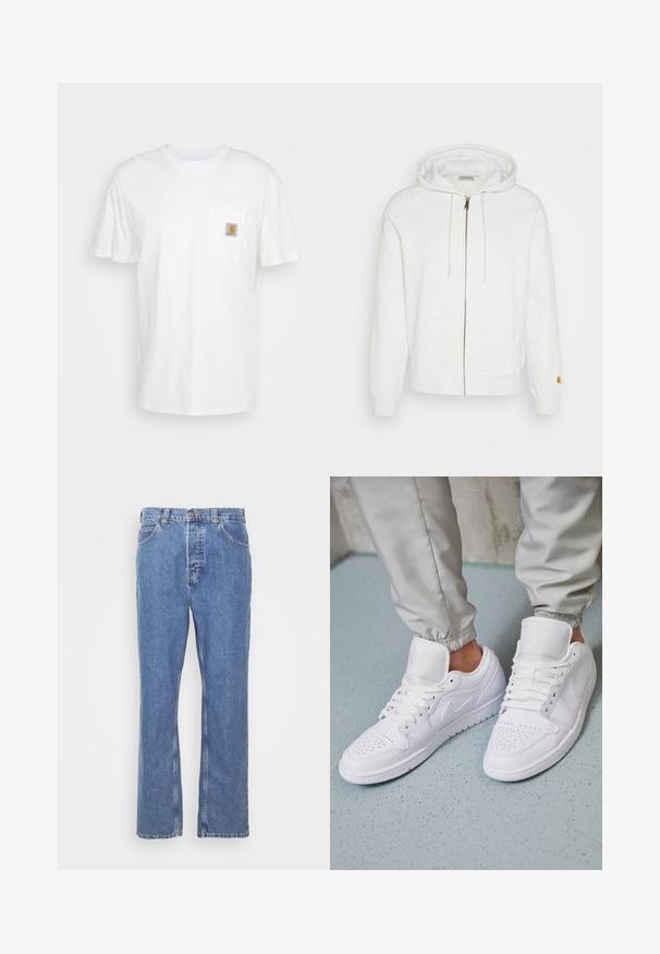 Weiße Zip-Hoodie aus weichem Stoff mit Kapuze, Vorderstaschen und gerippten Bündchen. Goldene Hardware-Details am Reißverschluss.; Weißes Baumwoll-T-Shirt mit kurzen Ärmeln, einer Brusttasche und einem kleinen quadratischen Logopatch in Orange und Weiß auf der Tasche.; Blaue Denim-Jeans mit geradem Schnitt, fünf Taschen, Gürtelschlaufen und Knopfverschluss. Der Stoff hat eine weiche, strukturierte Oberfläche.; Weiße Ledersneaker mit perforierter Zehenbox, flachen Schnürsenkeln, gepolstertem Kragen und dem Jordan-Logo auf der Zunge. Getragen mit grauen Jogginghosen.