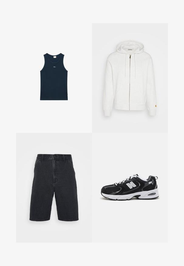 Sweat à capuche blanc zippé en tissu doux, avec une capuche, des poches avant et des poignets côtelés. Détails en métal doré près de la fermeture éclair.; Débardeur bleu marine sans manches avec encolure ronde et petit nom de marque brodé en blanc "Blaire" au centre de la poitrine.; Shorts en denim noir avec une coupe droite, une taille mi-haute, une fermeture à boutons sur le devant et des détails de couture apparents.; Baskets de sport noires et grises avec un tige en mesh et en suède, présentant une semelle intermédiaire blanche, des lacets et un logo "N" audacieux sur le côté.