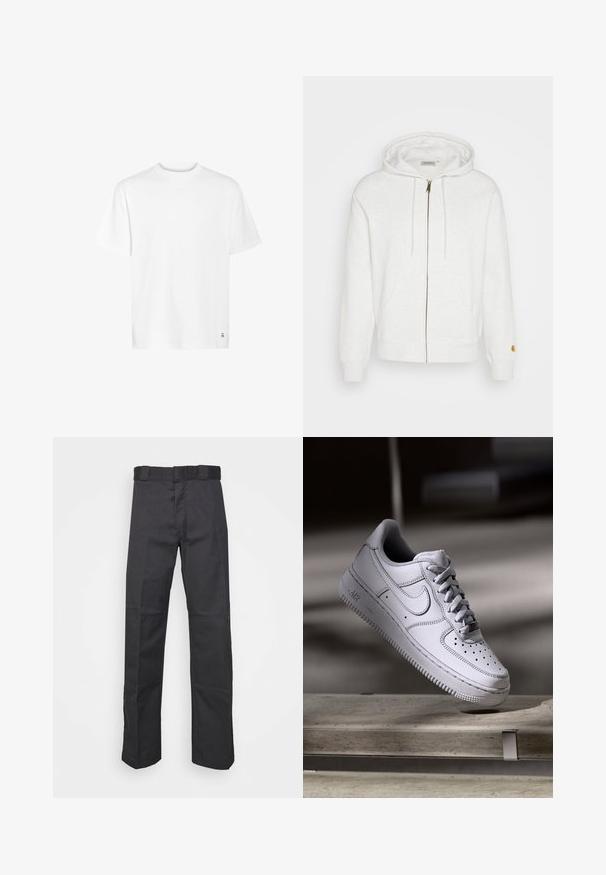 Sudadera blanca con cremallera hecha de tela suave, con capucha, bolsillos frontales y puños de canalé. Detalles de hardware dorado cerca de la cremallera.; Camiseta de algodón blanca con escote redondo, mangas cortas y dobladillo recto. Presenta un pequeño detalle de logo en la esquina inferior.; Pantalones negros de tela duradera, con un diseño de pierna recta, una cinturilla con trabillas para cinturón y costuras para mayor textura.; Zapatilla Nike Air Force 1 de cuero blanco que presenta una puntera perforada, cordones planos y una suela de goma texturizada con la marca "AIR" en el lateral.