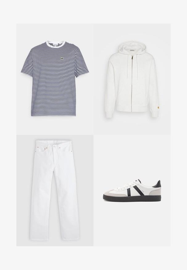 Witte rits-hoodie van zachte stof, met een capuchon, voorzakken en geribde manchetten. Gouden hardware details nabij de rits.; Marineblauwe en witte gestreepte katoenen T-shirt met een ronde hals en korte mouwen. Beschikt over een klein groen krokodil logo op de borst.; Witte rechte jeans met vijfzakkenontwerp, knoop- en ritssluiting, en koperen klinknageldetails op de zakken.; Witte sneaker met zwarte en grijze accenten, voorzien van een grijze neus met textuur, zwarte rubberen zool en platte witte veters. Schoon ontwerp, minimalistische stijl.