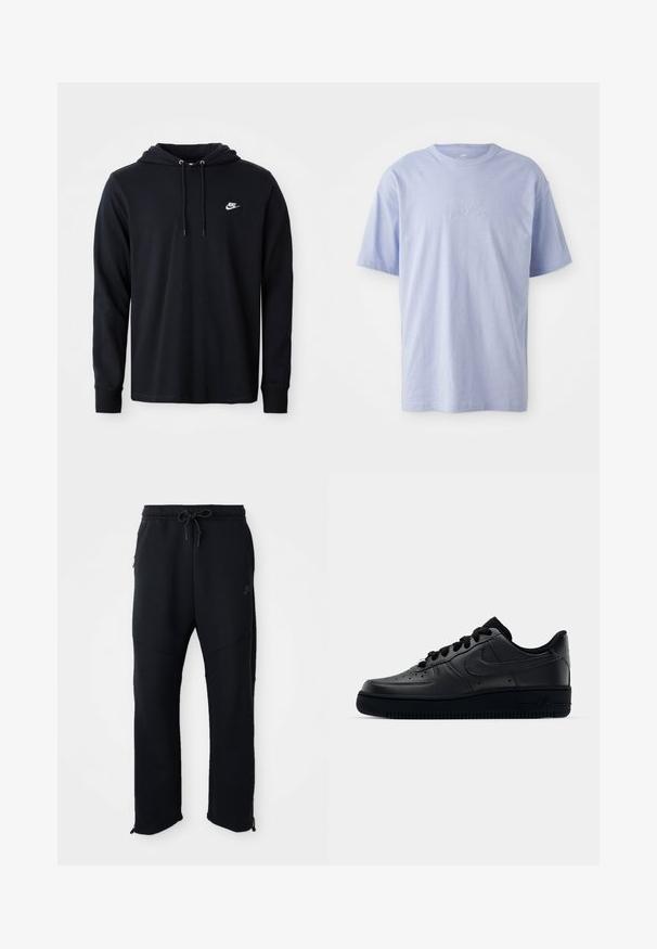 Čierna mikina s dlhým rukávom značky Nike s kapucňou na šnúrku a malým bielym logom Nike na ľavej hrudi, vystavená na jednofarebnom bielom pozadí.; Svetlomodré bavlnené tričko s okrúhlym výstrihom a krátkymi rukávmi. Má vystúpené logo "nike" v strede prednej časti. Mäkkučký materiál.; Čierne športové nohavice s elastickým pásom a šnúrkou, majú postranné vrecká, zúžené nohavice a zipsy na členkoch. Hladká textúra.; Čierne tenisky Nike Air Force 1 s hladkým koženým zvrškom, perforovanou špičkou pre priedušnosť, čiernymi šnúrkami a textúrovanou gumovou podrážkou.