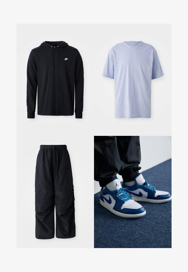 Must mustaga nike kapuutsiga, millel on paela ja väike valge nike logo vasakul rindkere piirkonnas, esitatud lihtsal valgel taustal.; Heleheles sinine puuvillane T-särk ümmarguse kaelusega ja lühikeste varrukatega. Ees keskel on reljeefne "nike" logo. Pehme tekstuur.; Mustad must have elastse pahklpüksid reguleeritava paelaga ja mitme kihilise taskuga jalgadel.; Nike Air Jordan tennisijalad on valge nahast alus siniste sünteetiliste detailidega, aukudega varbakoht ja sinised paelad.