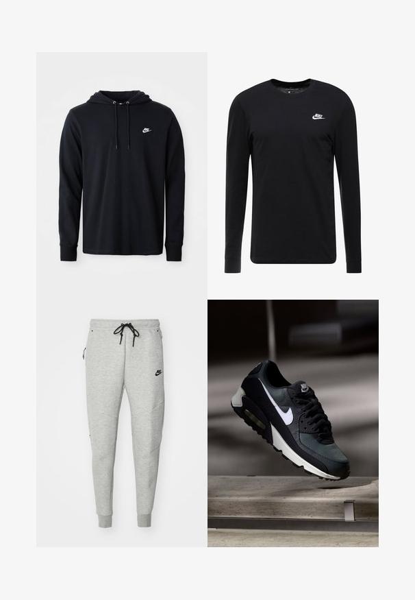 Schwarze Nike-Hoodie mit langen Ärmeln und Kapuze mit Kordelzug sowie kleinem weißen Nike-Logo auf der linken Brust, präsentiert vor einem schlichten weißen Hintergrund.; Schwarzes Langarm-T-Shirt aus Baumwolle, mit Rundhalsausschnitt, gerippten Bündchen und kleinem weißen Nike-Logo auf der Brust.; Graue Sweatpants mit glatter Textur, elastischem Bund, verstellbarem schwarzem Kordelzug, zwei seitlichen Taschen und einem kleinen schwarzen Logo.; Schwarzer und grauer Nike Air Max Sneaker mit weißem Swoosh, schwebend über einer Betonfläche vor einem verschwommenen dunklen Hintergrund.