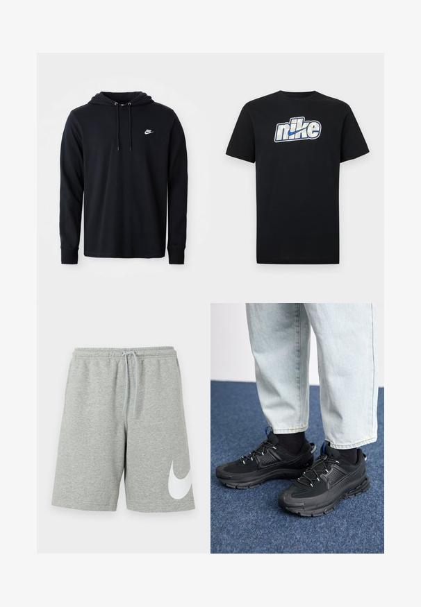 Sort langærmet Nike hoodie med snoretræk i hætten og lille hvid Nike-logo på venstre bryst, vist på en almindelig hvid baggrund.; Sort T-shirt med korte ærmer og en stor hvid og blå Nike-logo og swoosh centreret på brystet.; Lysegrå atletikshorts med elastisk linning, snøre og stort hvidt Nike-swoosh-logo på nederste venstre ben.; Sorte træningssko med tekstureret stof og gummisåler, udstyret med elastiske snørebånd og en blå detalje på hælen. Bæres med lyse denimbukser.