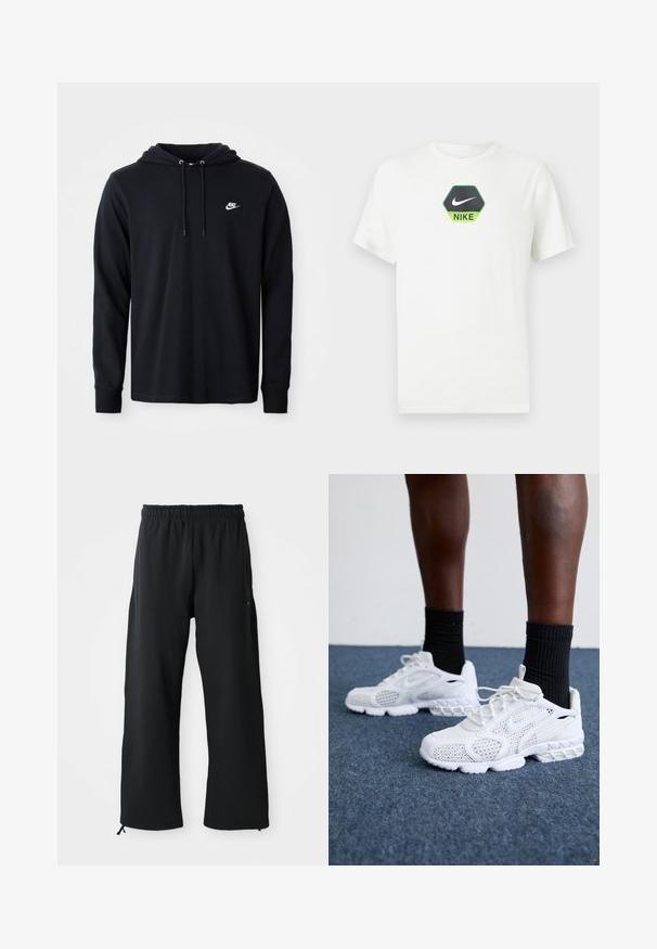 Čierna mikina s dlhým rukávom značky Nike s kapucňou na šnúrku a malým bielym logom Nike na ľavej hrudi, vystavená na jednofarebnom bielom pozadí.; Biele tričko Nike s krátkym rukávom, ktoré má na hrudi uprostred čierny a zelený hexagonálny logotyp so symbolom Nike swoosh a textom.; Čierne voľné nohavice vyrobené z jemnej látky, s elastickým pásom a šnúrkou, so bočnými vreckami a hladkou textúrou.; Biele športové topánky s priedušnou sieťovinou, textúrovanými akcentmi a polstrovanou podrážkou. Kombinované s čiernymi rebrovanými členkovými ponožkami na modrom kobercovom povrchu.