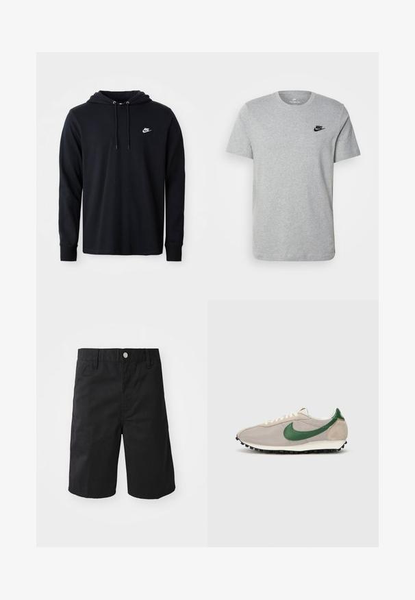 Sort langærmet Nike hoodie med snoretræk i hætten og lille hvid Nike-logo på venstre bryst, vist på en almindelig hvid baggrund.; Grå kortærmet T-shirt i bomuld med et sort Nike-logo på brystet og rund halsudskæring. Minimalistisk design uden mønstre.; Sorte bomuldsshorts med lige snit, bæltestropper, metalknaplukning og uden synlige mønstre eller accenter.; Beige løbesko med grønne ruskindsdetaljer, struktureret mesh-overdel, cremefarvede snørebånd og sort gummisål med trækkraftsstifter.