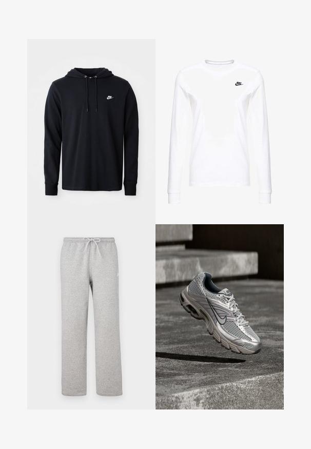 Sort langærmet Nike hoodie med snoretræk i hætten og lille hvid Nike-logo på venstre bryst, vist på en almindelig hvid baggrund.; Hvid langærmet T-shirt lavet af bomuld, med et lille sort Nike-logo på venstre bryst og en rund halsudskæring. Glat tekstur.; Grå joggingbukser med elastisk talje og snor. Fremstillet af blødt stof, de har lige ben og diskret logodetalje.; Sølv- og grå Nike-løbesko svævende i luften over betontrin, der viser detaljer af netmaterialet øverst og den polstrede sål.
