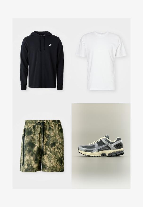 Zwarte lange mouw Nike hoodie met trekkoordcapuchon en klein wit Nike logo op de linkerkant van de borst, weergegeven op een eenvoudige witte achtergrond.; Witte katoenen T-shirt met korte mouwen, ronde halslijn en een gladde textuur. Eenvoudig ontwerp zonder patronen of afbeeldingen.; Camouflage zwembroek in groene tinten, gemaakt van lichtgewicht stof, met een elastische tailleband, een trekkoord en zijzakken.; Grijze en zwarte Nike hardloopschoen met witte veters en een beige zool, vanaf de zijkant op een neutrale achtergrond.