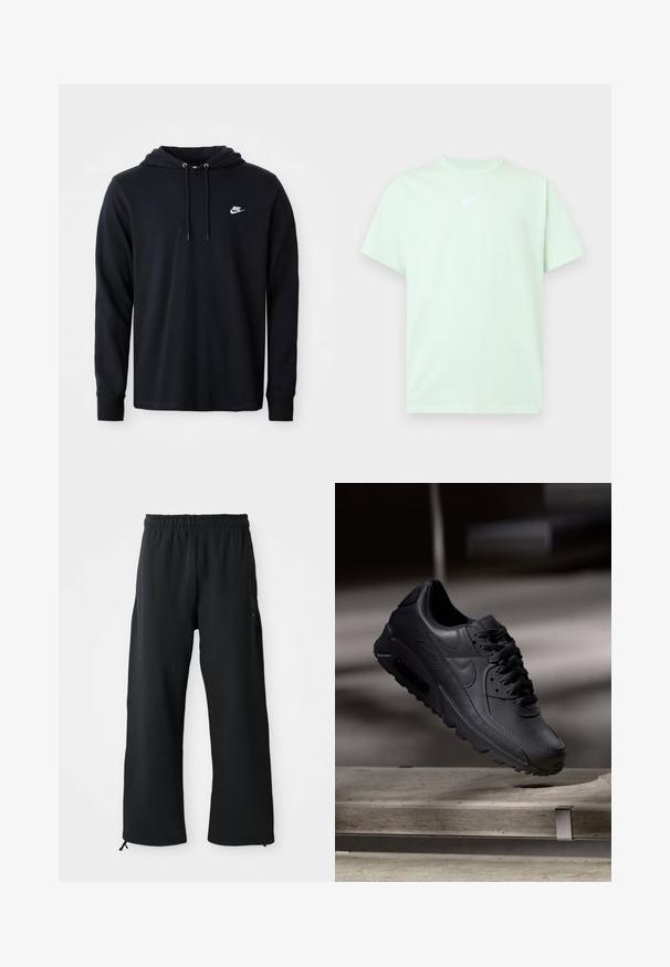 Schwarze Nike-Hoodie mit langen Ärmeln und Kapuze mit Kordelzug sowie kleinem weißen Nike-Logo auf der linken Brust, präsentiert vor einem schlichten weißen Hintergrund.; Hellgrünes Nike-T-Shirt mit kurzen Ärmeln, Rundhalsausschnitt und kleinem weißen Logo mittig auf der Brust vor einfarbigem Hintergrund.; Schwarze weit geschnittene Hose aus weichem Stoff, mit elastischem Bund und Kordelzug, seitlichen Taschen und glatter Textur.; Schwarze Nike Air Max Sneaker mit einem strukturierten Leder-Obermaterial, Gummisohle und auffälligem Schnürsystem, das ein schlankes, modernes Design präsentiert.