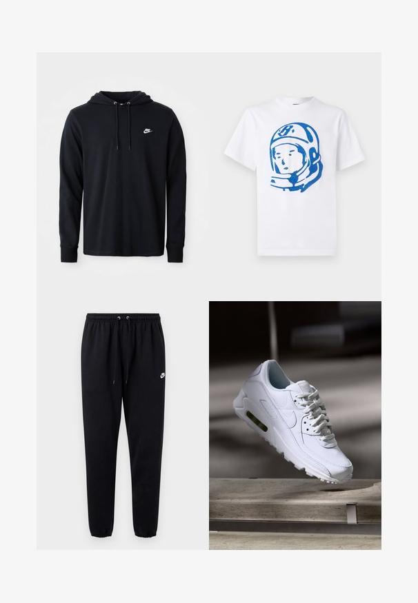 Sort langærmet Nike hoodie med snoretræk i hætten og lille hvid Nike-logo på venstre bryst, vist på en almindelig hvid baggrund.; Hvid bomulds t-shirt med et blåt astronaut grafik på fronten. Korte ærmer, rund hals og afslappet pasform.; Sorte joggingbukser lavet af blødt stof med elastisk talje og snøre, tilspidsede ben og en lille hvid logo på venstre side.; Hvide lædersneakers med teksturerede overflader, polstret krave og synlig luftpolstring i sålen. Har snørrebånd og et minimalistisk design.
