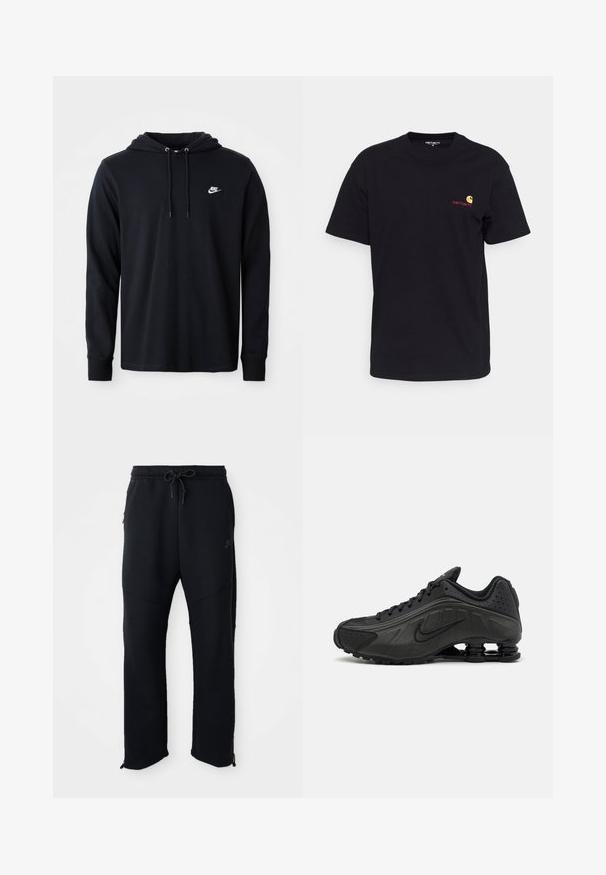 Schwarze Nike-Hoodie mit langen Ärmeln und Kapuze mit Kordelzug sowie kleinem weißen Nike-Logo auf der linken Brust, präsentiert vor einem schlichten weißen Hintergrund.; Schwarzes Baumwoll-T-Shirt mit kurzen Ärmeln, rundem Halsausschnitt und kleinem bunten Logo auf der linken Brust. Klassischer Schnitt mit glatter Textur.; Schwarze Sporthose mit elastischem Bund und Kordelzug, seitlichen Taschen, schmal zulaufenden Beinen und Reißverschlüssen an den Knöcheln. Glatte Textur.; Schwarze Laufschuhe mit einem glatten synthetischen Obermaterial, durchbrochenen Akzenten, strukturierten Seitenpaneelen und einer ausgeprägten federnden Sohle.