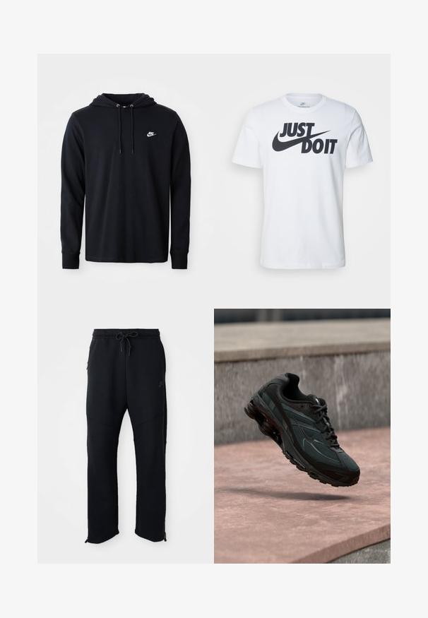 Čierna mikina s dlhým rukávom značky Nike s kapucňou na šnúrku a malým bielym logom Nike na ľavej hrudi, vystavená na jednofarebnom bielom pozadí.; Biely bavlnený tričko s výrazným čiernym logom "Just Do It" a Nike swoosh. Klasický strih s okrúhlym výstrihom a krátkymi rukávmi.; Čierne športové nohavice s elastickým pásom a šnúrkou, majú postranné vrecká, zúžené nohavice a zipsy na členkoch. Hladká textúra.; Čierna atletická teniska s viditeľnou medzipodrážkou s air cushioning, ktorá visí nad ružovým kamenným povrchom s pozadím sivej kamennej steny.