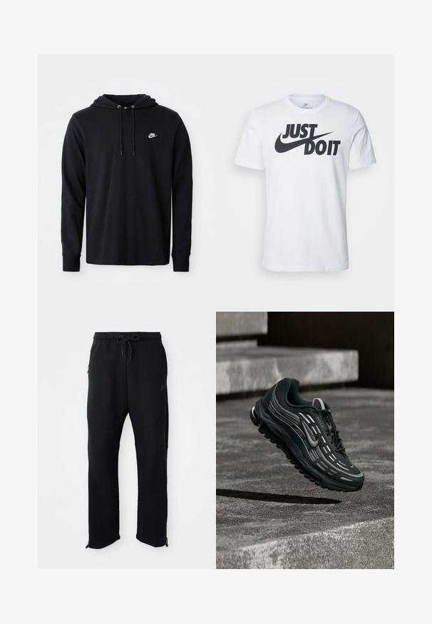 Must mustaga nike kapuutsiga, millel on paela ja väike valge nike logo vasakul rindkere piirkonnas, esitatud lihtsal valgel taustal.; Valge puuvillane T-särk, millel on silmapaistev must "Just Do It" logo ja Nikei suss. Klassikaline ümmargune kaelus ja lühikesed varrukad.; Mustad mustaräätsed paelaga ja elastse vööga, küljetaskud, kitsenevad sääred ja tõmblukud pahkluude juures. Sile tekstuur.; Must ja hall Nike Air Max toss hõljumas hallide betoonastmete kohal, mille taustal on tekstuuriga pinnas.