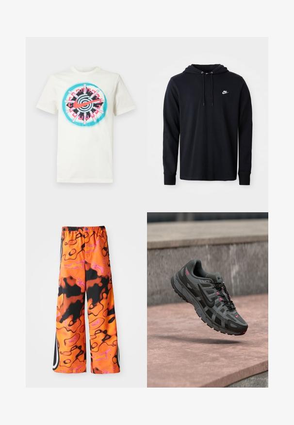 Čierna mikina s dlhým rukávom značky Nike s kapucňou na šnúrku a malým bielym logom Nike na ľavej hrudi, vystavená na jednofarebnom bielom pozadí.; Biela bavlnená tričko s centrálnou farebnou grafikou v ružovej, čiernej a tyrkysovej farbe s obľúbeným kruhovým dizajnom a logom Nike. Krátke rukávy.; Voľné nohavice s živým oranžovým, čiernym a ružovým abstraktným vírivým vzorom, elastickým pásom, bočnými prúžkami a gombíkovým zapínaním.; Sivo-čierny teniska Nike s ružovými detailmi, zavesená vo vzduchu nad kamenným povrchom, zobrazujúca bočné a horné detaily.