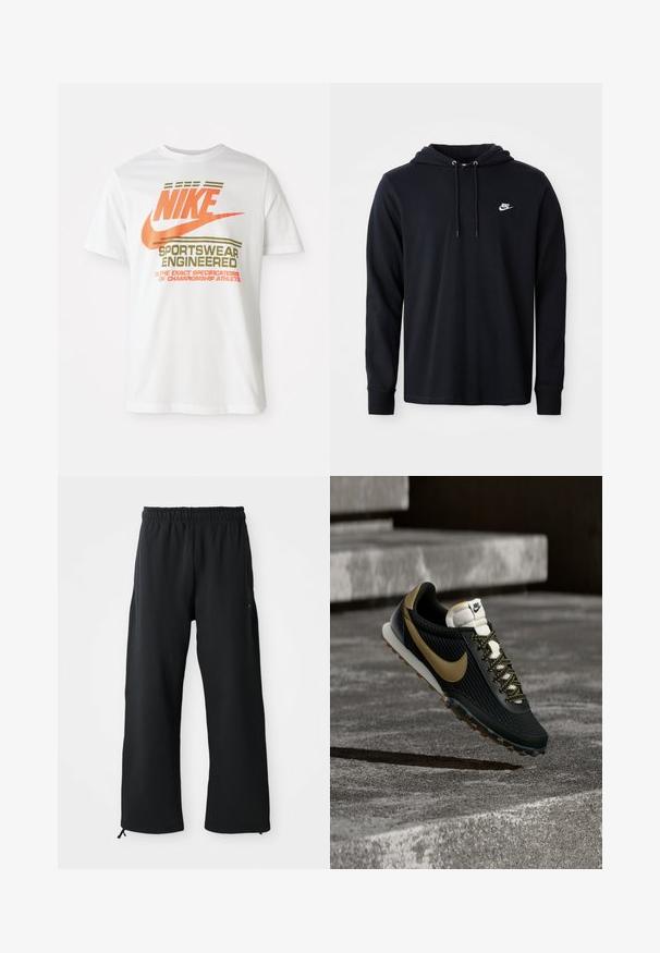 Sudadera negra de Nike de manga larga con capucha ajustable y pequeño logo blanco de Nike en el lado izquierdo del pecho, exhibida sobre un fondo blanco liso.; Camiseta de algodón blanca con un gran logo naranja de "NIKE" y texto verde que dice "SPORTSWEAR ENGINEERED" junto con especificaciones adicionales.; Pantalones de pierna ancha negros, elaborados con una tela suave, que cuentan con una cintura elástica y cordón, además de bolsillos laterales y una textura lisa.; Zapatilla de running Nike negra y dorada con parte superior texturizada y cordones estampados, flotando sobre una superficie rugosa de hormigón y escalones.