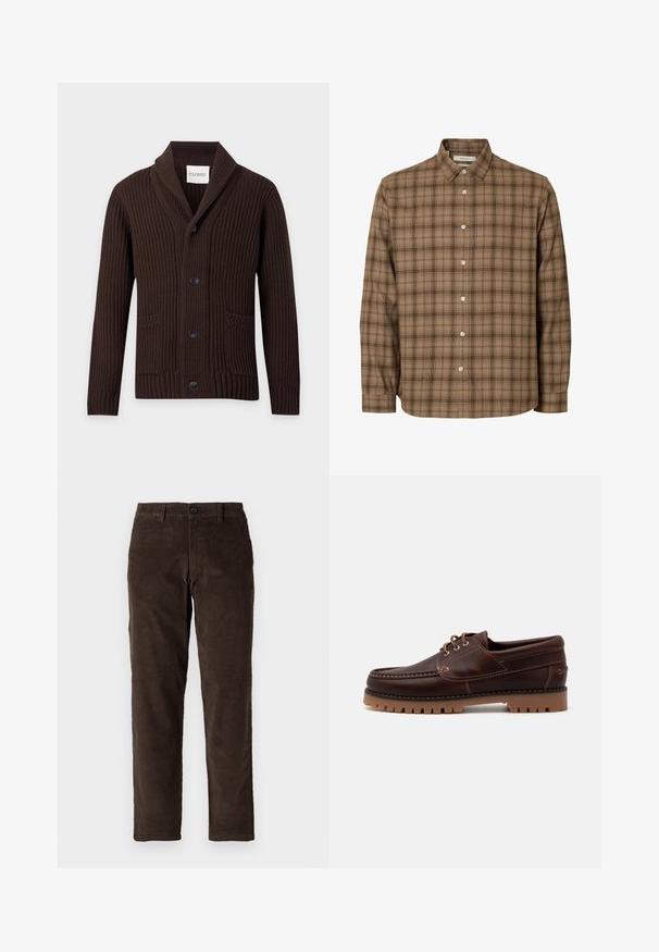 Mørkebrun ribstrikket cardigan med sjalskrave, fire sorte knapper og to forlommer vist på ensfarvet baggrund.; Brun ternet langærmet skjorte med knapper, krave, hvide knapper og lige kant, vist på en ensfarvet hvid baggrund.; Brune fløjl bukser med lige ben design, der har en frontlukning med knap og standard bæltestropper. Glat tekstur og klassisk snit.; Brun læder bådsko med stikninger, snørebåndsdesign og robust gummisål med bølgede mønstre for godt greb.