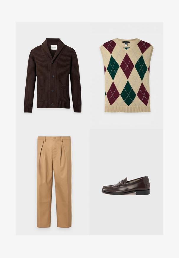 Mørkebrun ribstrikket cardigan med sjalskrave, fire sorte knapper og to forlommer vist på ensfarvet baggrund.; Ærmeløs beige strikket vest med bordeaux og mørkegrønne argyle diamantmønstre og V-hals krave.; Beige bomuldsbukser med afslappet pasform, plisseret design, talje med knaplukning og lige ben. Glat tekstur uden mønstre.; Brune læderloafers med en mokkasinstil tå, dekorative syninger og en lav hæl. Glat tekstur med en diskret glans.