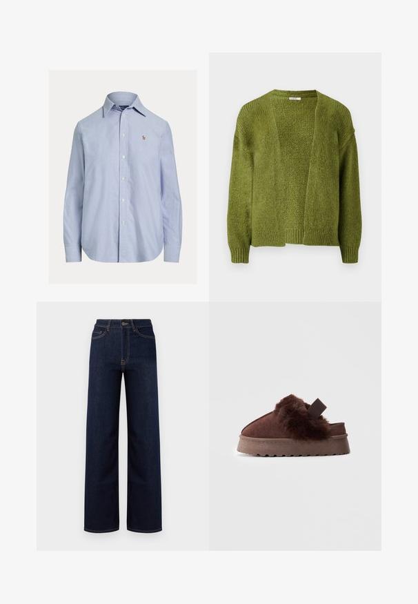 Grüne, offene Vorderfront-Strickjacke mit strukturiertem Strick. Mit langen Ärmeln und gerippten Bündchen. Weiches Material mit lockerer Passform.; Hellblaues, langärmliges Hemd mit Knopfleiste, spitzem Kragen und kleinem gesticktem Logo auf der linken Brust.; Dunkelblaue weit geschnittene Jeans aus Denim, mit hoher Taille, vier Taschen und kontrastierenden Nähten entlang der Nähte.; Braune Slipper zum Hineinschlüpfen mit dickem Gummisohle, flauschigem Futter rund um die Öffnung und einem elastischen Riemen an der Ferse zur Unterstützung.