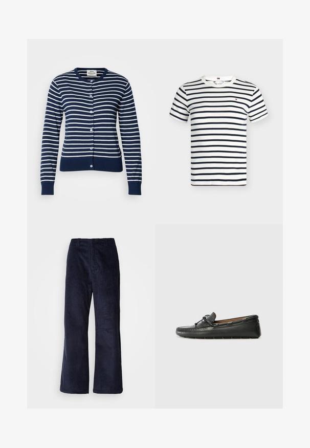 Maritiem en wit gestreepte cardigan van zacht materiaal. Heeft een ronde halslijn, knoopsluiting en geribde mouwen en tailleband.; Witte T-shirt met korte mouwen en ronde hals, met horizontale donkerblauwe strepen en een klein rood, wit en donkerblauw logo op de borst.; Marineblauwe corduroy wijde broek met verticale ribbels, elastische tailleband en zonder zichtbare hardware. Zachte textuur en relaxed fit.; Zwarte leren bootshoe met een ronde neus, gestikte details, een kleine strikaccent en een rubberen zool. Soepele textuur en gestroomlijnd ontwerp.