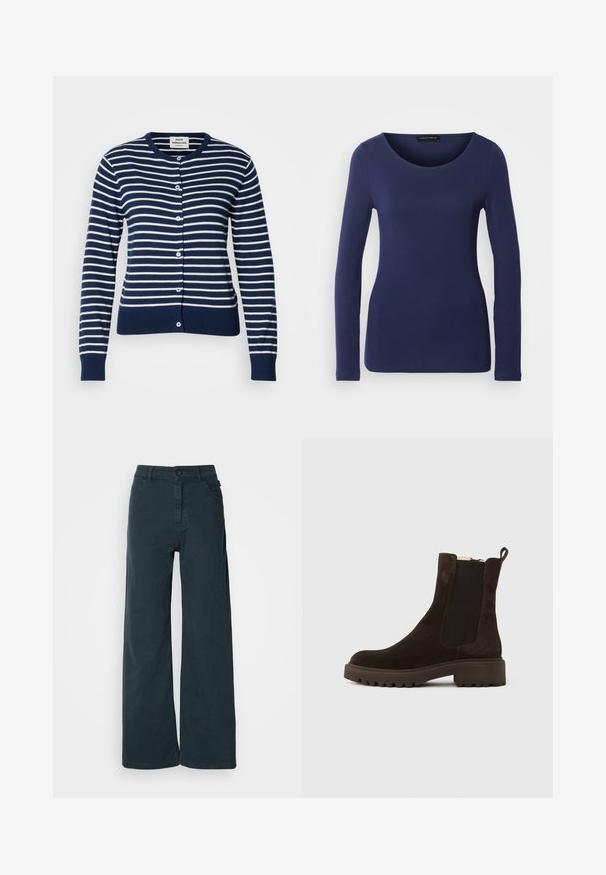 Maritiem en wit gestreepte cardigan van zacht materiaal. Heeft een ronde halslijn, knoopsluiting en geribde mouwen en tailleband.; Marineblauw langemouwen T-shirt van zacht materiaal met een ronde halslijn en een getailleerd ontwerp. Geen zichtbare patronen of accenten.; Brede broek in donkergrijs katoenmix, met een frontale knoopsluiting, riemlussen en twee zijzakken. Soepele textuur met minimale details.; Bruine suède enkellaarzen met elastische zijpanelen, een gestructureerde rubberen zool en een trekkoord aan de achterkant voor gemakkelijk aan- en uittrekken.