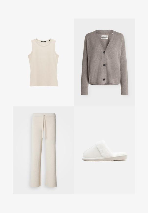 Taupegrijze V-hals cardigan met knopen, lange mouwen en geribbelde boorden van Marc O'Polo.; Mouwloze lichtbeige ribgebreide tanktop met een ronde halslijn en een aansluitende pasvorm. Gemaakt van zacht katoen.; Beige wijde broek gemaakt van zachte stof, met een elastische tailleband met een trekkoord en zijsplitten aan de onderkant.; Witte slipper met een zachte faux fur band, bovenkant van vilt, gevoerd voetbed en een rubberen zool met textuur voor grip. Eenvoudig, rond ontwerp.
