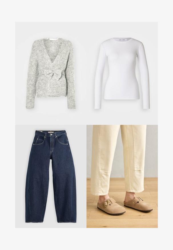 Gilet tricoté gris avec un col en V, des manches longues et un détail de nœud à l'avant. Texture douce avec une coupe ample et un motif chiné subtil.; Chemise blanche à manches longues en tissu côtelé, avec un col rond et une coupe cintrée. Aucun motif ni accent présent.; Jean en denim bleu foncé, à coupe ample, avec des coutures claires, cinq poches et un bouton de fermeture à la taille.; Sabots en cuir suédé beige avec une large sangle et une boucle en or, surface texturée et semelle en caoutchouc marron ; portés avec un pantalon ivoire ample et fuselé.