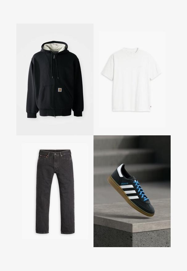 Schwarze Zip-Hoodie mit einem weißen Innenfutter, vorderen Taschen, Kordelzugkapuze und einem kleinen Logo-Patch auf der linken Tasche. Glatte Stoffstruktur.; Weißes Baumwoll-T-Shirt mit kurzen Ärmeln, rundem Ausschnitt und einem dezenten "Levi's"-Logo in heller Farbe auf der Vorderseite.; Schwarze gerade geschnittene Jeans aus Denim mit fünf Taschen, Knopfverschluss und Kupfernieten auf einem weißen Hintergrund flach ausgelegt.; Schwarzer Adidas-Sneaker mit weißen Streifen, blauen Schnürsenkeln und Gummisohle, der über einer grauen Betontreppe im weichen Licht schwebt.