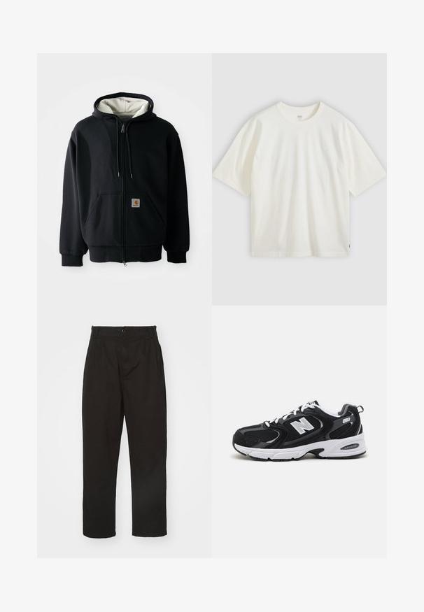 Sudadera con cremallera negra y forro interior blanco, con bolsillos frontales, capucha ajustable con cordones y un pequeño parche de logo en el bolsillo izquierdo. Textura de tela suave.; Camiseta blanca de manga corta hecha de algodón. Cuello redondo, ajuste relajado, marca sutil en el pecho y una etiqueta roja en el dobladillo.; Pantalones negros de tela suave, con cierre de botón, corte recto y dos pliegues frontales que añaden detalle.; Zapatillas deportivas en negro y gris con parte superior de malla y ante, que cuentan con una entresuela blanca, cordones y un llamativo logo "N" en el lateral.