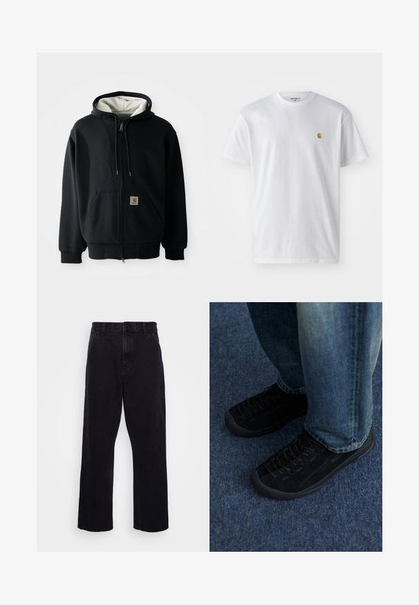 Sudadera con cremallera negra y forro interior blanco, con bolsillos frontales, capucha ajustable con cordones y un pequeño parche de logo en el bolsillo izquierdo. Textura de tela suave.; Camiseta de algodón blanca con mangas cortas, cuello redondo, que presenta un pequeño logo dorado en la parte izquierda del pecho. Textura suave y corte regular.; Pantalones de mezclilla negros con un diseño de pierna recta, que cuentan con un cierre de botón y cremallera, presillas para cinturón y detalles de costura mínimos.; Zapatillas de ante negro con superficie texturizada, cordones sutiles y suelas de goma duraderas, combinadas con jeans de denim azul.