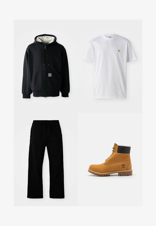 Zwarte zip-up hoodie met een witte binnenvoering, voorzakken, trekkoord capuchon en een klein logo-opdruk op de linkse zak. Gladde stoftextuur.; Witte katoenen t-shirt met korte mouwen en ronde hals, voorzien van een klein gouden logo op de linkerkant van de borst. Zachte textuur en een normale pasvorm.; Zwarte broek met elastische tailleband en verstelbaar trekkoord, met wijde pijpen en een gladde katoentextuur. Geen zichtbare patronen of hardwaredetails.; Bruine leren enkellaars met metalen oogjes, witte faux bont voering, zwarte gewatteerde kraag, robuuste zool en een reliëflogo aan de zijkant.