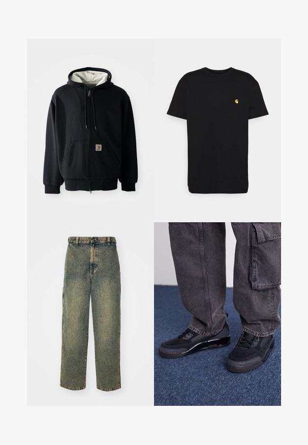 Hoodie zippé noir avec une doublure intérieure blanche, poches avant, capuche avec cordon de serrage et un petit patch logo sur la poche gauche. Texture de tissu lisse.; T-shirt en coton noir à manches courtes, col rond, avec un petit logo jaune sur la partie gauche de la poitrine. Design simple et coupe régulière.; Jeans en denim ample avec un délavage bleu et vert. Comprend une fermeture à bouton, des passants de ceinture et des poches latérales. Pas de pli à l'avant et design à jambe droite.; Des chaussures de sport noires avec une surface texturée, des accents lisses et une semelle épaisse, accompagnées de pantalons cargo larges et foncés.