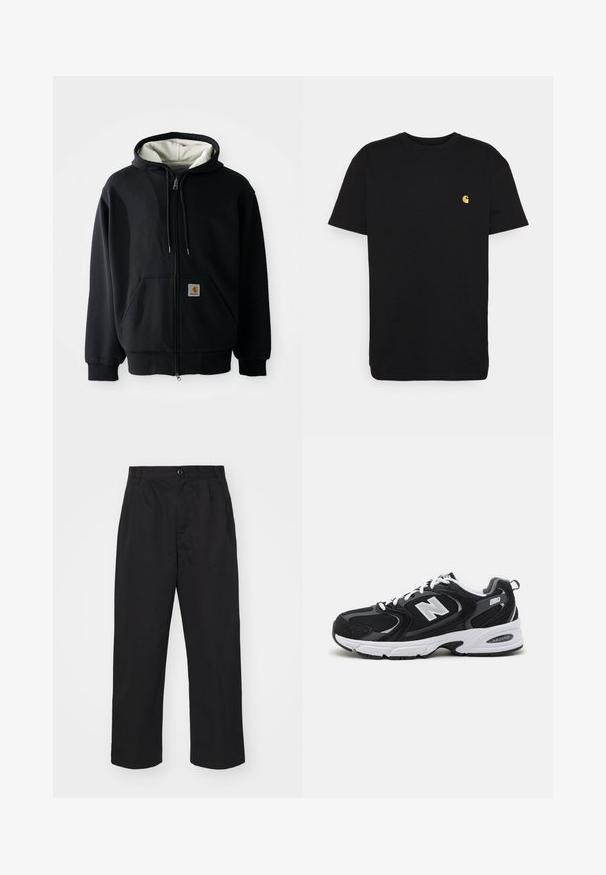 Black zip-up hoodie with a white inner lining, front pockets, drawstring hood, and a small logo patch on the left pocket. Smooth fabric texture.; Black cotton t-shirt with short sleeves, crew neck, and a small yellow logo on the left chest area. Simple design and regular fit.; Black cotton trousers with a straight fit, featuring a button closure, two front pockets, and a smooth texture.; Black and gray athletic shoes with mesh and suede upper, featuring a white midsole, laces, and a bold "N" logo on the side.