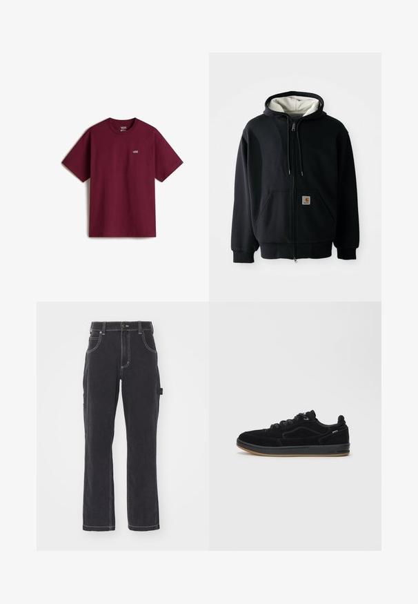 Sudadera con cremallera negra y forro interior blanco, con bolsillos frontales, capucha ajustable con cordones y un pequeño parche de logo en el bolsillo izquierdo. Textura de tela suave.; Camiseta de algodón marrón con mangas cortas, escote redondo y pequeño logo blanco de Vans en el pecho izquierdo. Textura suave, corte holgado.; Pantalones cargo de mezclilla negra con diseño de pierna recta, costuras visibles, múltiples bolsillos y detalle de bucle lateral para accesorios.; Zapatillas negras de gamuza con suela de goma lisa, diseño de corte bajo, cordones redondos y detalles de costuras sutiles.