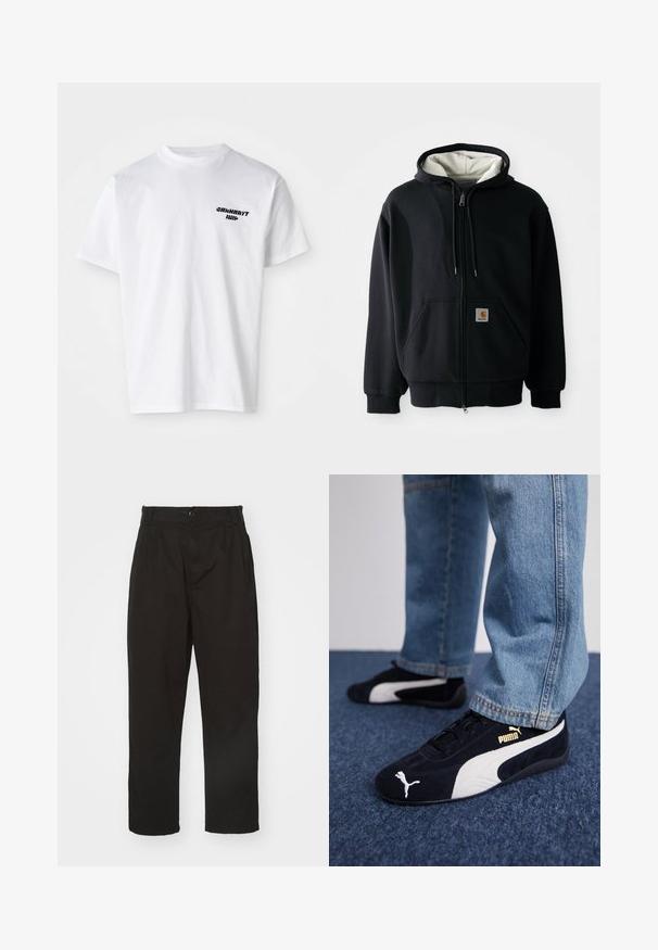 Hoodie zippé noir avec une doublure intérieure blanche, poches avant, capuche avec cordon de serrage et un petit patch logo sur la poche gauche. Texture de tissu lisse.; T-shirt en coton blanc avec un col rond. Logo en texte noir sur la partie gauche de la poitrine. Manches courtes, coupe décontractée et texture douce.; Pantalons noirs en tissu lisse, dotés d'une fermeture à bouton, d'une coupe droite et de deux plis à l'avant pour un détail supplémentaire.; Baskets en daim noir avec accents blancs, arborant un logo doré. Portées avec un jean en denim bleu clair et posées sur une surface bleue texturée.