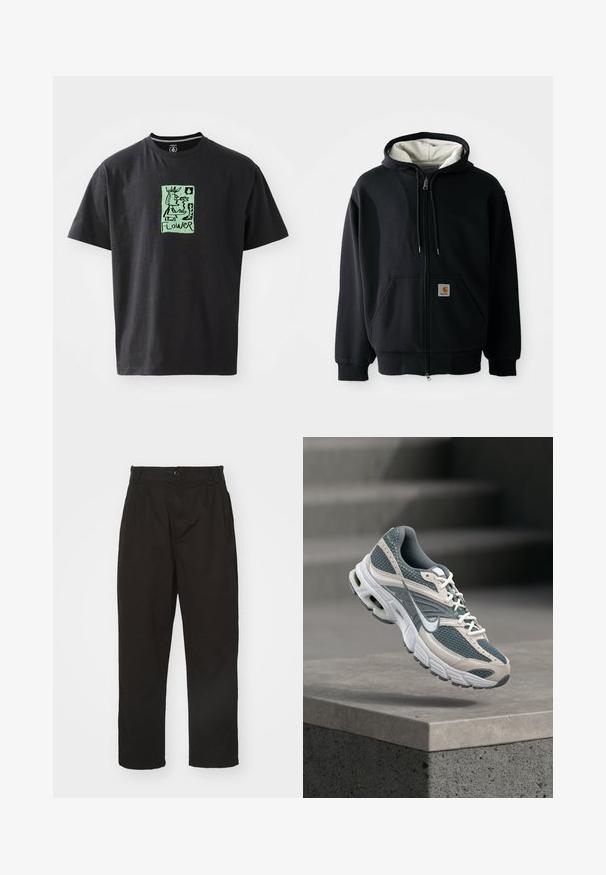 Hoodie zippé noir avec une doublure intérieure blanche, poches avant, capuche avec cordon de serrage et un petit patch logo sur la poche gauche. Texture de tissu lisse.; T-shirt noir en coton avec une illustration graphique verte comportant le mot "FLEUR". Manches courtes et col rond.; Pantalons noirs en tissu lisse, dotés d'une fermeture à bouton, d'une coupe droite et de deux plis à l'avant pour un détail supplémentaire.; Chaussure de course Nike grise et blanche avec une tige en mesh et une semelle coussinée, flottant au-dessus d'un rebord en béton sur un fond gris flou.