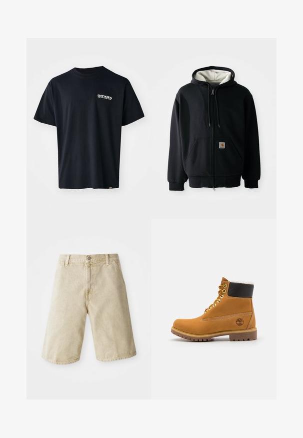 Sort hættetrøje med lynlås og hvit inderside, frontlommer, snor i hætten og et lille logo-patch på venstre lomme. Glat stoftekstur.; Sort kortærmet t-shirt lavet af bomuld, med et hvidt grafisk tekstlogo på venstre bryst, lige snit og et mærke på siden.; Beige denim shorts med lige snit, fem lommer, frontknap og lynlås lukning, samt subtil falming på stoffet.; Brune læder ankelstøvle med metaløjer, hvid pelsforing, sort polstret krave, robust sål og præget logo på siden.